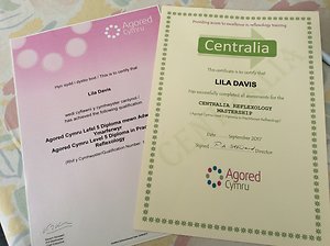 Lila's framed Agored Cymru and Centralia Reflexology Mastership certificates, in her name.